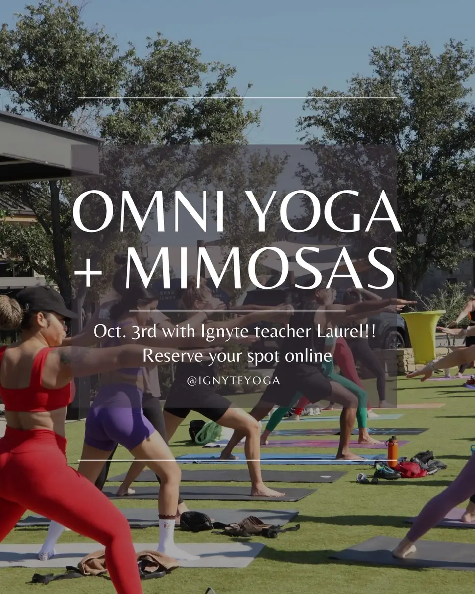 Instagram graphic for Omni Yoga and Mimosas at Omni PGA Frisco Resort on October 4, with check-in at 9:45 a.m.