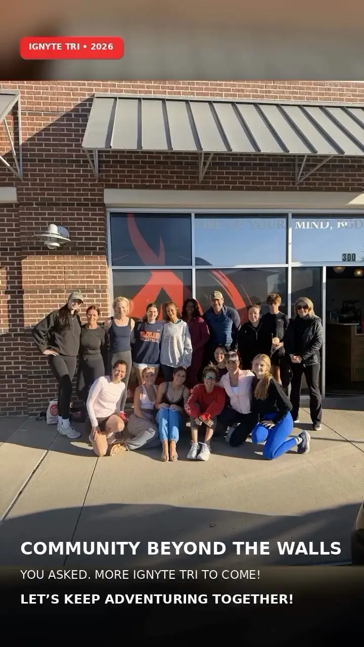 Instagram reel cover: the Ignyte group outside the studio at sunset in IGNYTE TRI shirts, with “We did it!” on the photo.
